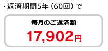 ・返済期間5年（60回）で毎月のご返済額17,902円